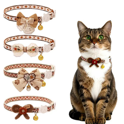 4Pc Adjustable Nylon Pet Collar Set with Embroidered Bow and Bohemian Floral Pattern, Bell Accessory - Suitable for Cats and Small Dogs,Summervibes Leash Harness Dog Accessories Dog Accessories for Large Dogs