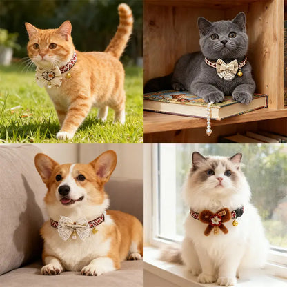 4Pc Adjustable Nylon Pet Collar Set with Embroidered Bow and Bohemian Floral Pattern, Bell Accessory - Suitable for Cats and Small Dogs,Summervibes Leash Harness Dog Accessories Dog Accessories for Large Dogs